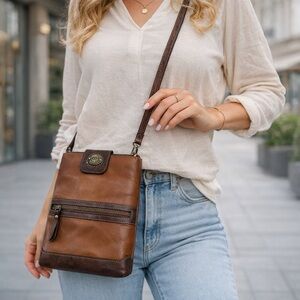 LAND Santa Fe Genuine Leather Crossbody Bag - Vintage Two-Tone Brown
